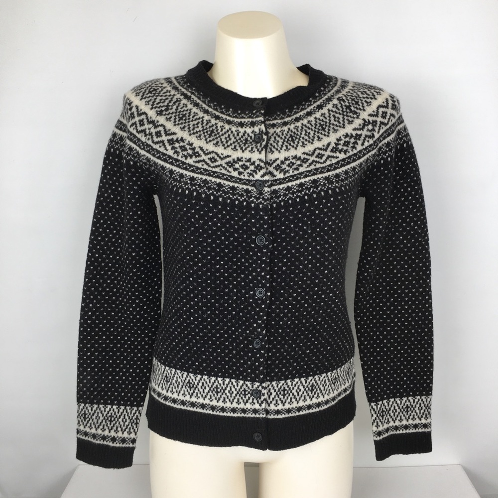 Cambridge Fair Isle Lambswool Button Cardigan Sweater Women’s Size S Black White